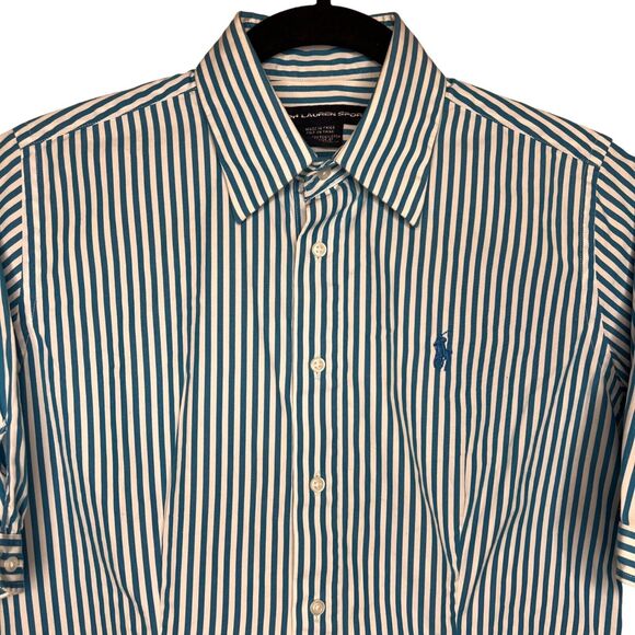 Ralph Lauren Sport Women 8 Blue Stripe Short Sleeve Top Button Front Top Classic - Picture 3 of 11